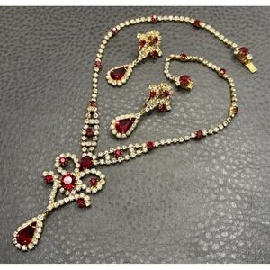 GORGEOUS Vintage Signed Kramer Deco Red Faux Ruby Crystal Necklace Earrings Set